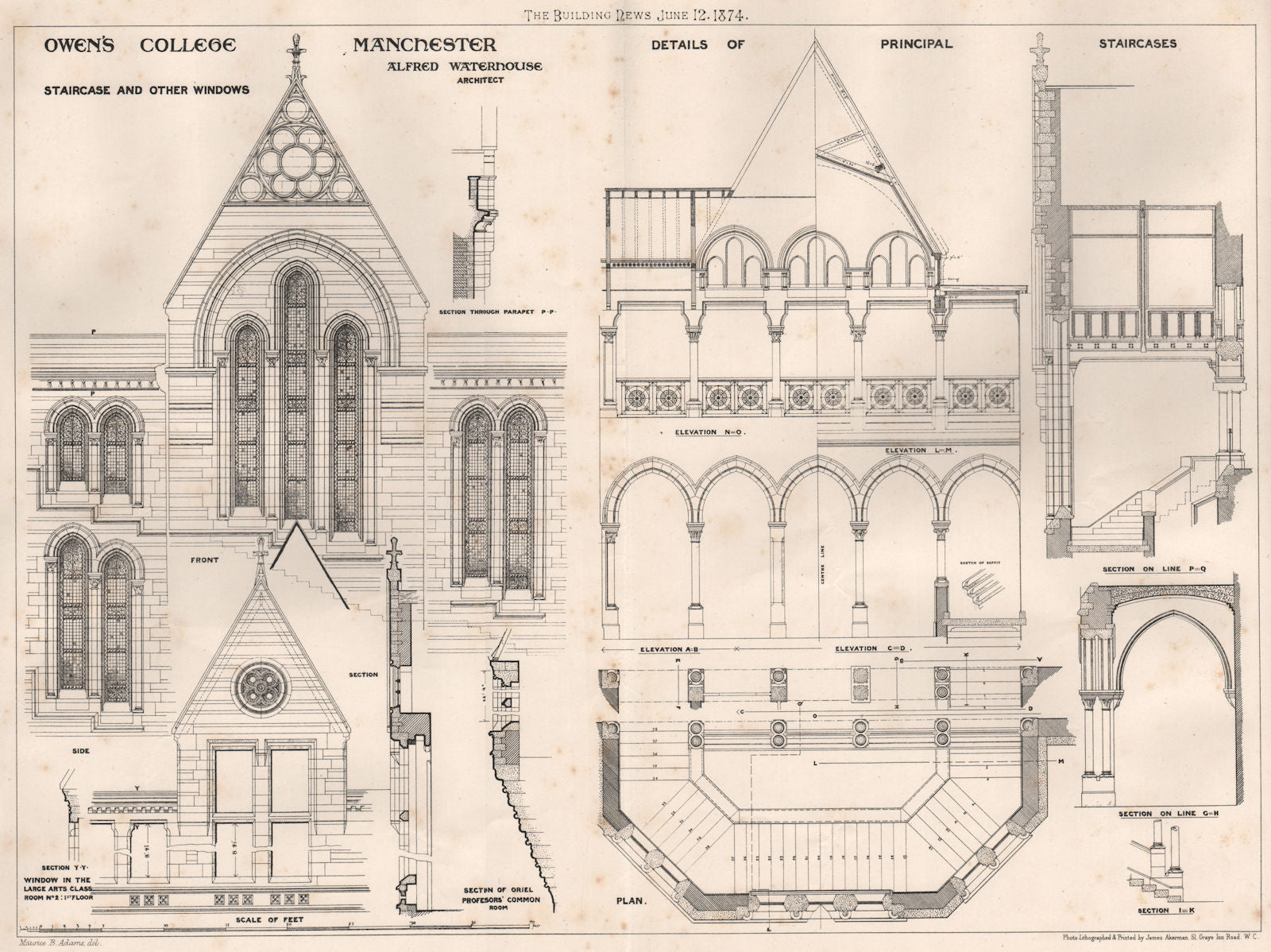 Owen's College, Manchester. Staircase windows; Alfred Waterhouse 1874 print